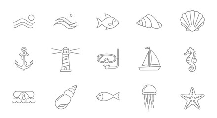 Vector Icons Set of Set of hand drawn nautical and marine life icons. EPS Editable