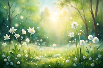 Obraz premium Photo of enchanting spring meadow bathed in soft sunlight, with delicate white wildflowers and lush green grass, creating a serene and magical atmosphere