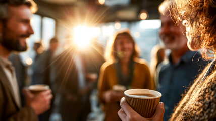 Networking event: People connect over coffee, creating a vibrant atmosphere with natural light and lively conversation.