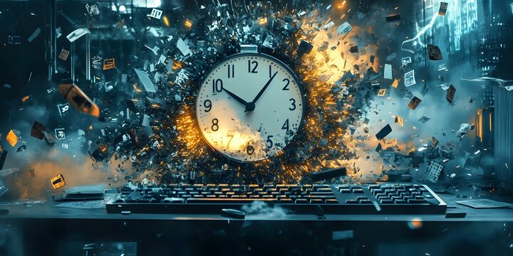 Exploding clock above a computer keyboard, dramatic conceptual image symbolizing time pressure, deadlines, digital stress, burnout, productivity overload, and the fast paced modern work environment