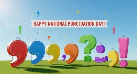 Obraz na płótnie Canvas Happy National Punctuation Day banner shown with various vibrant punctuation marks standing on a green field under a clear blue sky, with festive confetti falling around, celebrating grammar.
