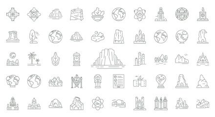 Vector Icons Set of World Landmarks and Natural Wonders Line Icon Set. EPS Editable