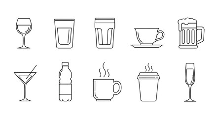 Vector Icons Set of A collection of various drink icons in a minimalist line art style. EPS Editable