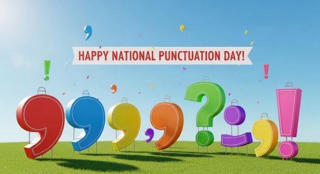 Happy National Punctuation Day banner shown with various vibrant punctuation marks standing on a green field under a clear blue sky, with festive confetti falling around, celebrating grammar.