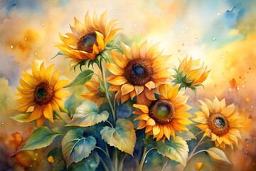 Photo of a vibrant watercolor painting captures a cluster of bright yellow sunflowers in full bloom, their faces turned towards a warm, golden sky filled with soft clouds