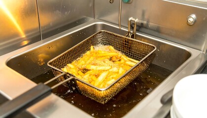 French fries frying in a commercial deep fryer