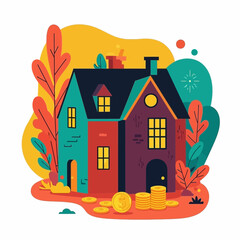 Colorful illustration of a house with plants and abstract shapes.
