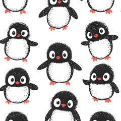 Fototapeta premium Seamless pattern illustration of cute penguins with minimalistic design and soft pastel colors, perfect for winter textiles, wallpapers, wrapping paper, and playful backgrounds