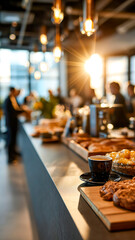 Warm coffee in a cozy bakery, a treat for the morning light. Enjoy fresh pastries in the vibrant ambiance.