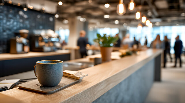 A cup of coffee sits on a wooden tray in a modern office break area, with colleagues in the background. 