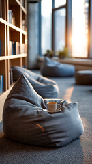 Obraz premium Cozy workspace with soft beanbag chairs, a warm cup, and natural light for relaxed work or study sessions.