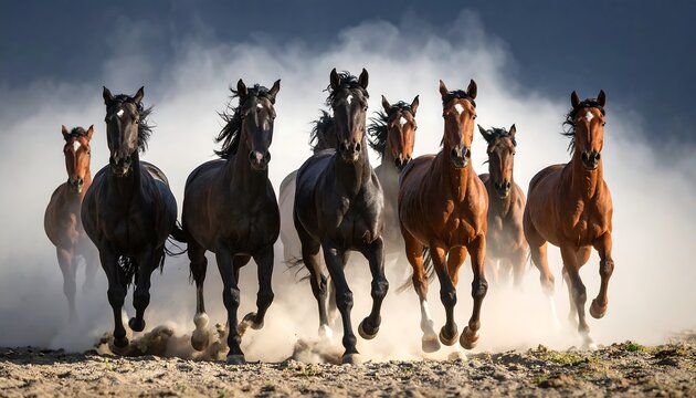 A herd of horses galloping through a dusty field
