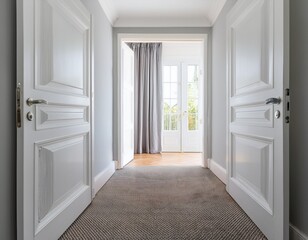 Fototapeta premium open white doors reveal a bright empty hallway