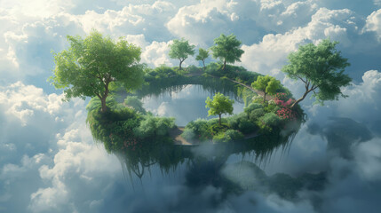 Serene Floating Island: Lush Greenery, Winding Path, Dreamlike Cloudscape, Peaceful Atmosphere.