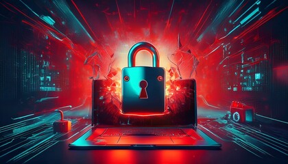 generative ai image of a hacker attack on a computer system red alert icon broken padlock cybersecurity breach modern digital interface intense colors