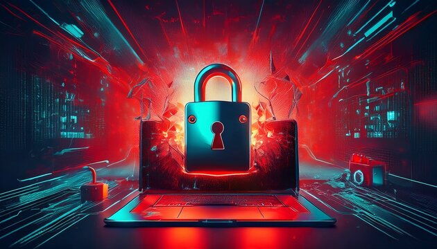 generative ai image of a hacker attack on a computer system red alert icon broken padlock cybersecurity breach modern digital interface intense colors