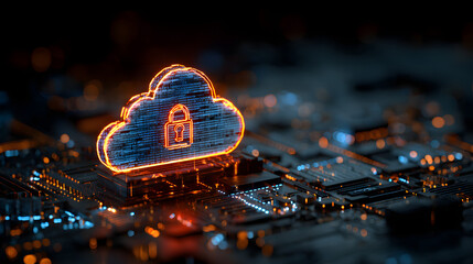 A modern representation of cybersecurity with a lumious cloud icon and a padlok in the middle highlighte by vibrant orange and blu lights intricate circuitsand digital data effects al on a dark