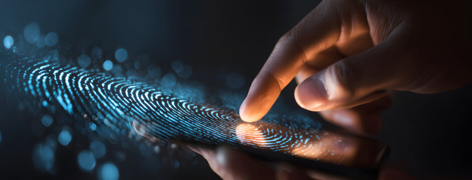 smartphone digital identity and cybersecurity of peronal banking or investmentsafety online concept, wid banner of mobile phone usng biometric digital finge print and Two-factor authntication - Powered by Adobe