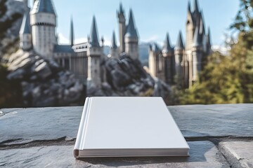 blank book mockup with a magical castle in the background, fantasy concept of imagination, storytelling, creativity, and dreamlike inspiration for book design or illustration projects