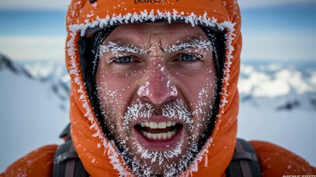 Man with frost on face and beard in cold mountain weather, extreme winter expedition in snowy landscape footage.