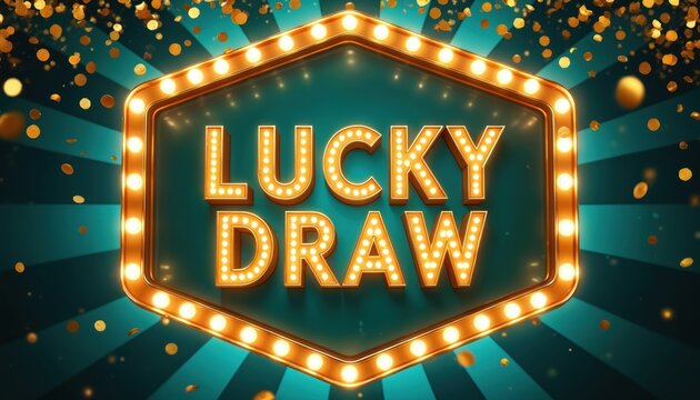 Retro style sign with glowing marquee lights announces a lucky draw. Golden confetti falls around the teal background. Offers excitement and anticipation for games of chance and prize giveaways.