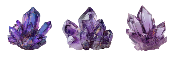 Set of A stunning amethyst crystal cluster with deep purple hues and sharp points on transparent png background. Ai generated