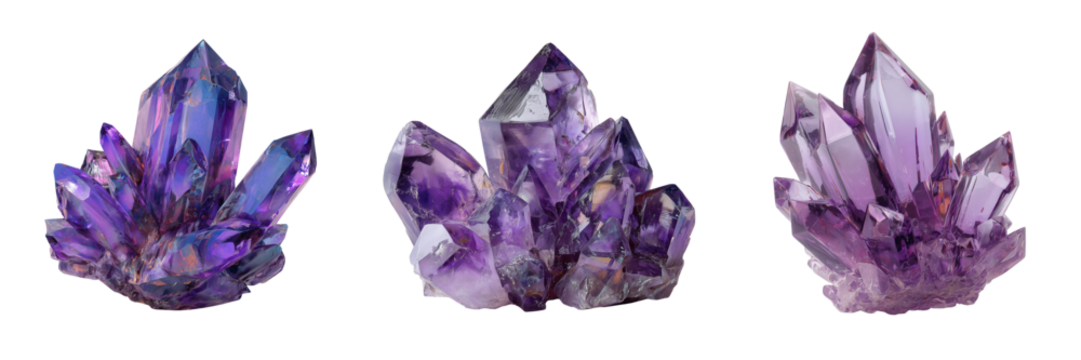 Set of A stunning amethyst crystal cluster with deep purple hues and sharp points on transparent png background. Ai generated