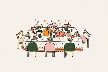 This festive kids Thanksgiving table features colorful plates, art supplies, and seasonal decorations, inviting children to enjoy creative activities during the autumn celebration