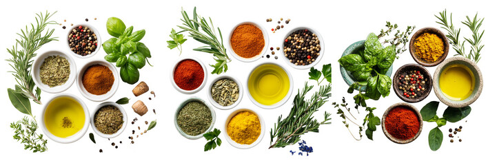 Set of Overhead view of assorted spices and herbs in rustic bowls with wooden spoon on transparent png background. Ai generated