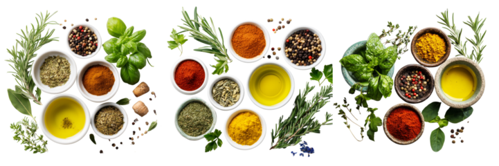 Set of Overhead view of assorted spices and herbs in rustic bowls with wooden spoon on transparent png background. Ai generated