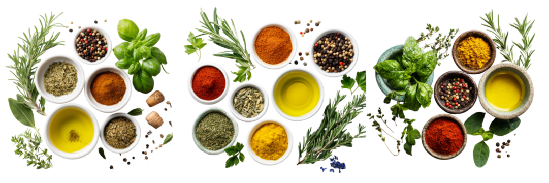 Set of Overhead view of assorted spices and herbs in rustic bowls with wooden spoon on transparent png background. Ai generated