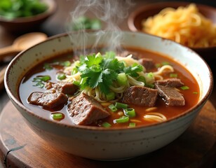 Steaming bowl of beef noodle soup, rich broth, tender meat chunks, thin noodles, fresh green onions, and cilantro garnish. A hearty, delicious meal perfect for lunch or dinner.