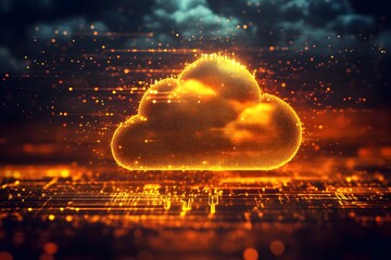 Holographic digital cloud with electronic nodes, representing data storage, cloud computing, network connectivity, futuristic technology, and digital information exchange