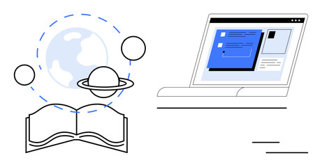 Open book near planet icons and globe representing learning and exploration beside a laptop displaying online content. Ideal for education, e-learning, knowledge, discovery, innovation, research