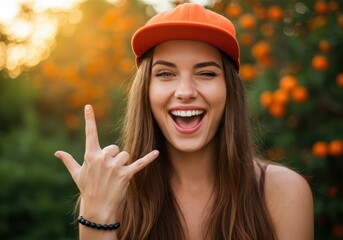 Happy woman with a wink and rock on hand gesture