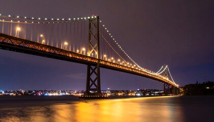 Illuminated bridge against twilight sky over shimmering water reflection
