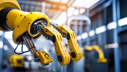 yellow robotic hand with advanced mechanics image closeup industrial robot with exposed wires and gears close up photography automation technology engineering concept photo realistic