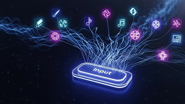 Glowing neon input button connected by flowing particle lines to abstract icons, symbolizing creative AI output.