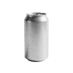 Minimalist cold drink can without label glistening with condensation and slight shadow beneath rendered in high detail realism on white background