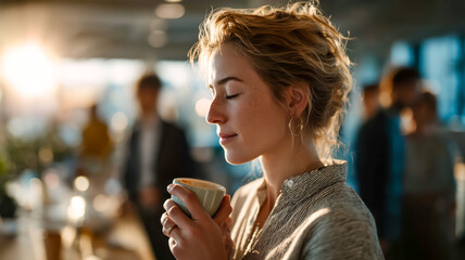 A woman closes her eyes, enjoying the aroma of her warm beverage in a bustling office, finding a moment of peace and reflection.