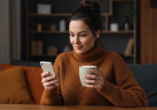 Woman enjoying coffee while using her phone - Powered by Adobe