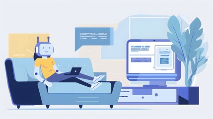 3D illustration of a friendly robot chatbot sitting on a sofa and typing on a laptop, artificial intelligence assistant working remotely in a cozy home environment, futuristic concept