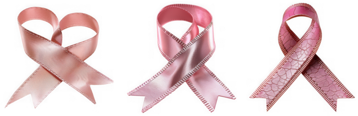Three pink ribbons symbolizing breast cancer awareness, isolated on transparent background these ribbons represent hope, support, and solidarity in the fight against breast cancer