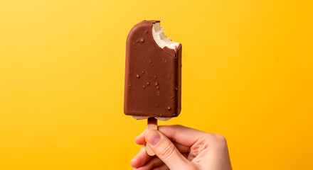 Hand Holding Chocolate Coated Popsicle on Yellow Background

