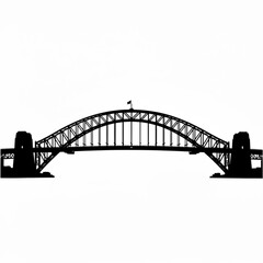 Obraz premium Silhouette of a large arch bridge with towers and a flag on top against a white background scene view created with generative ai