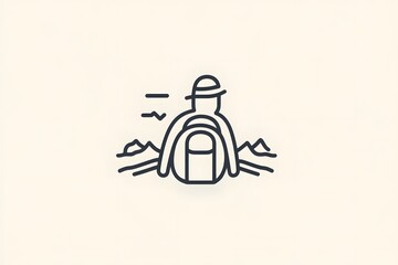 Minimalist 2D travel icon illustration featuring mountains and a backpack, simple flat design concept representing adventure, hiking, exploration, and outdoor travel inspiration