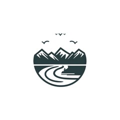 Minimalist 2D travel icon illustration featuring mountains and a backpack, simple flat design concept representing adventure, hiking, exploration, and outdoor travel inspiration