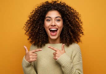 Excited woman pointing at something with a big smile