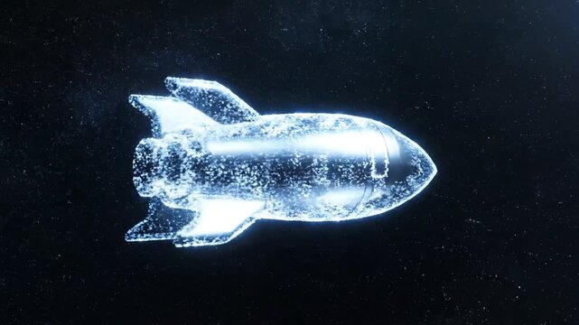 Futuristic rocket ship outline materializing from radiant white and blue particles in space