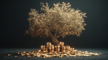 A golden tree symbolizes financial growth, surrounded by piles of shiny gold coins.